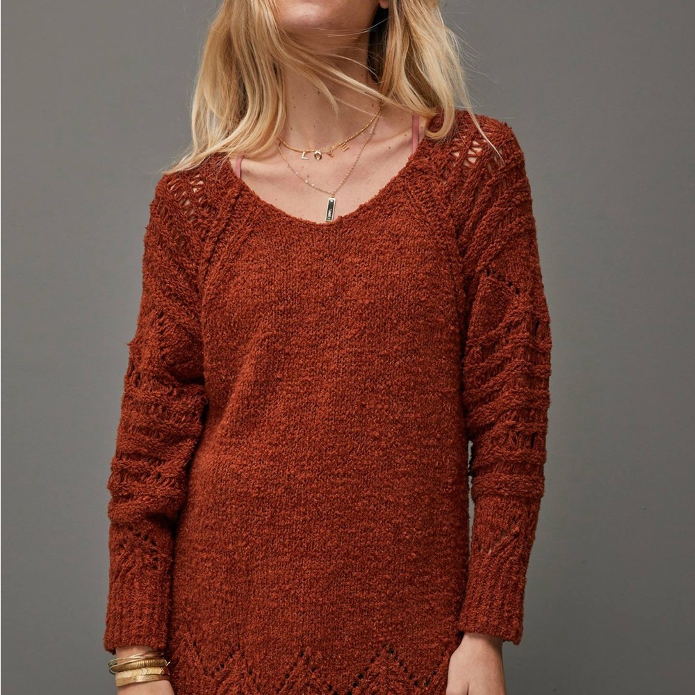 Anthropologie Pilcro Luna Pointelle Tunic Rust Off-Shoulder Sweater-Lg - Picture 4 of 9